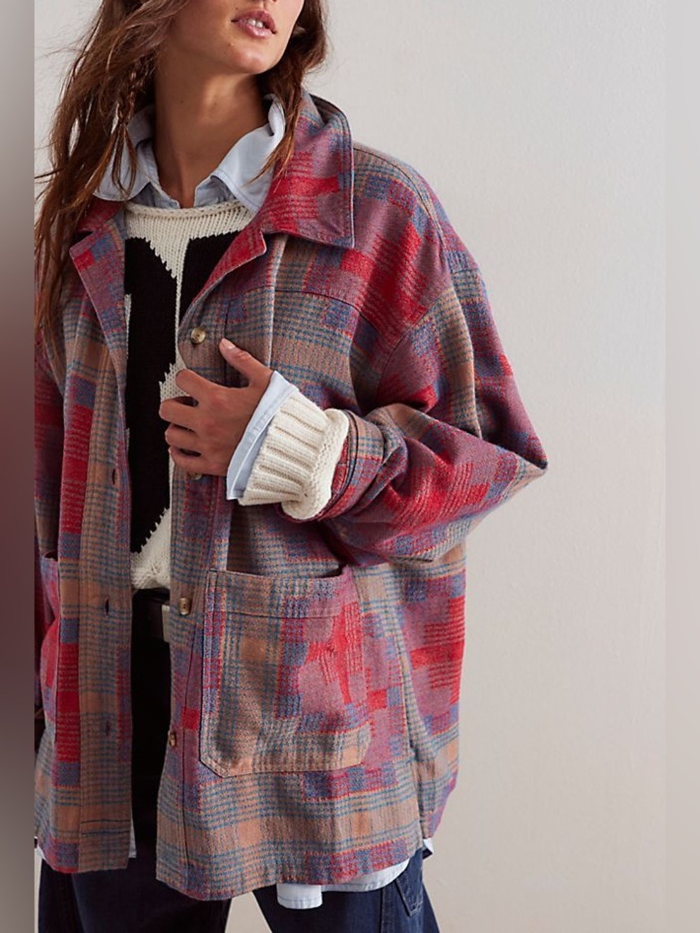 Free People We The Free Keep It Cozy Shirt Plaid Button-Up Shacket Size S